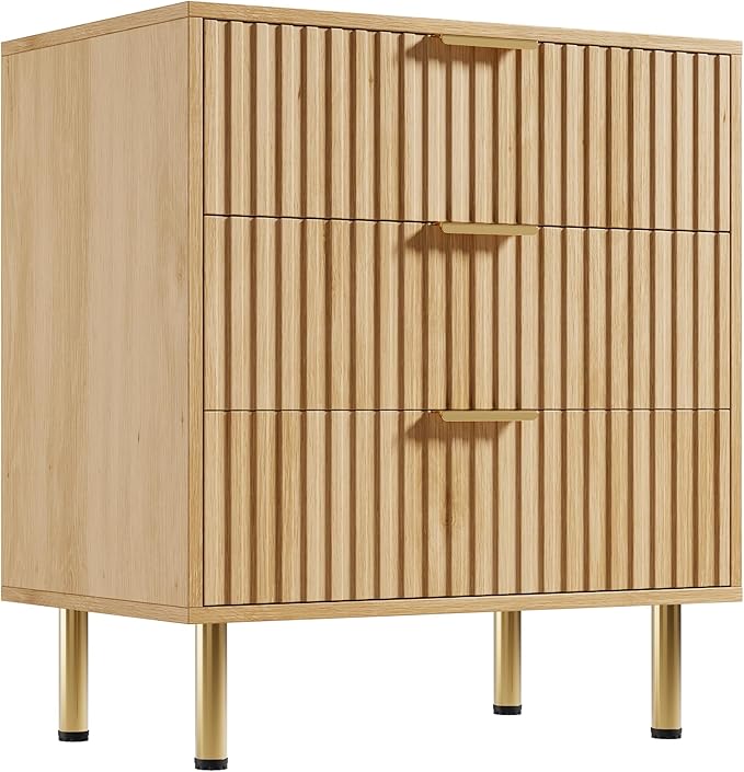 GarveeHome Natural 3 Drawer Dresser for Bedroom, Fluted Modern Nightstand with Deep Drawers, Chest of Drawers with Wide Top, Wooden Dresser Organizer, Side Table for Living Room, Hallway, Kids Room