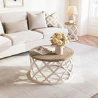 karlott Farmhouse Coffee Table, French Country Round Coffee Table, Coastal Coffee Tables with Distressed Top, Boho Center Table with Curved Motif Frame Base for Living Room, Dining Room, Bedroom