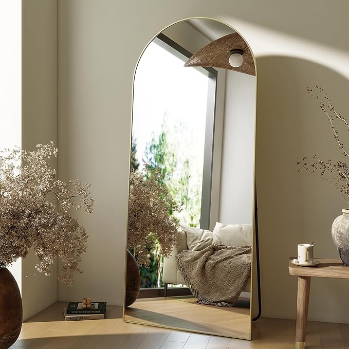 HARRITPURE 64"x21" Arched Full Length Mirror Free Standing Leaning Hanging Mounted Mirror Aluminum Frame Modern Simple Home Decor for Living Room Bedroom Cloakroom, Gold