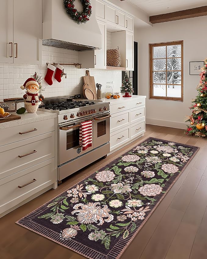 GarveeHome Plum Pink Floral Botanical 2.5x8 Washable Kitchen Runner Rugs Non Slip Black Purple Vintage Boho Cottage Long Rug for Hallways Bedroom Entryway Bathroom Mat with Rubber Back