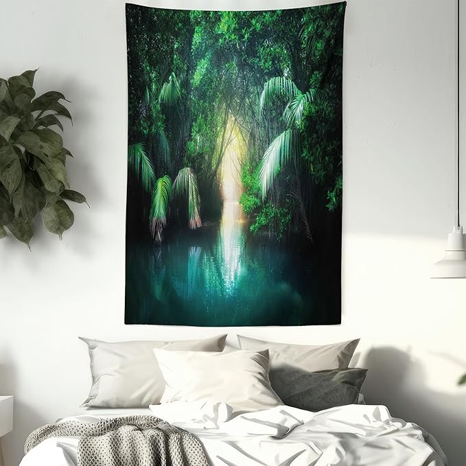 Ambesonne Jungle Tapestry, Tropical Lake Mangrove Rainforest Pathway Through Sri Lanka Travel Destination, Wall Hanging for Bedroom Living Room Dorm Decor, 40" X 60", Green Teal