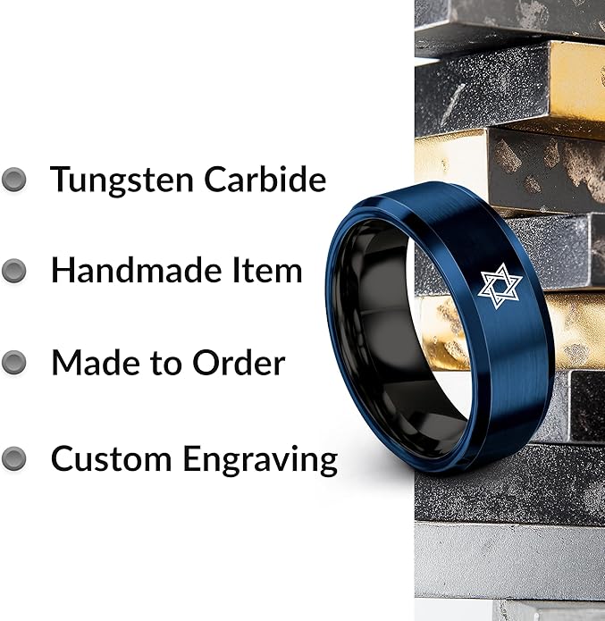 Mezuzah star Of David Ring - Gift for Jewish Family - Flat Dome Bevel - 8mm - Men Women - Yellow Gold Black Silver Blue - Anniversary Wedding - Personalized Custom Engraving - Band - Brushed Polished