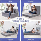 Folding Sofa Bed, 4 in 1 Convertible Sleeper Chair with Pillow, Twin Memory Foam Fold Out Chair Bed, Modern Floor Futon Sofa Couch Mattress for Living Room/Guest/Apartment, Light Gray