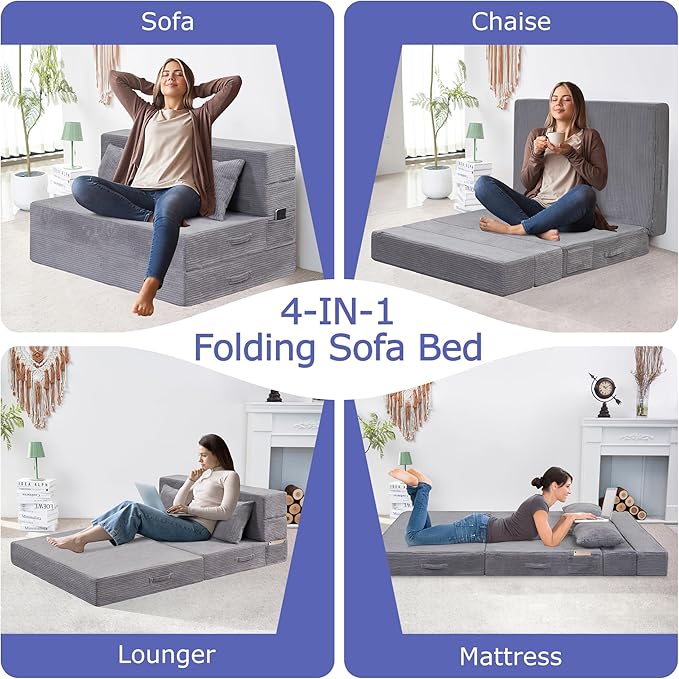 Folding Sofa Bed, 4 in 1 Convertible Sleeper Chair with Pillow, Twin Memory Foam Fold Out Chair Bed, Modern Floor Futon Sofa Couch Mattress for Living Room/Guest/Apartment, Light Gray