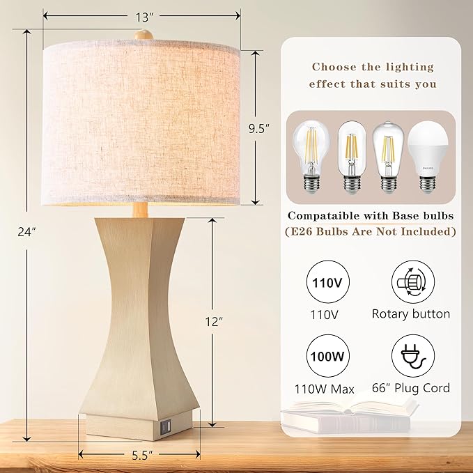 24.5" Modern Table Lamp Set of 2, 3-Way Dimmable Bedside Lamps with USB C & A Charging, Farmhouse Resin Nightstand Lamps with Linen Shade for Bedroom, Living Room, Home Office(Beige)