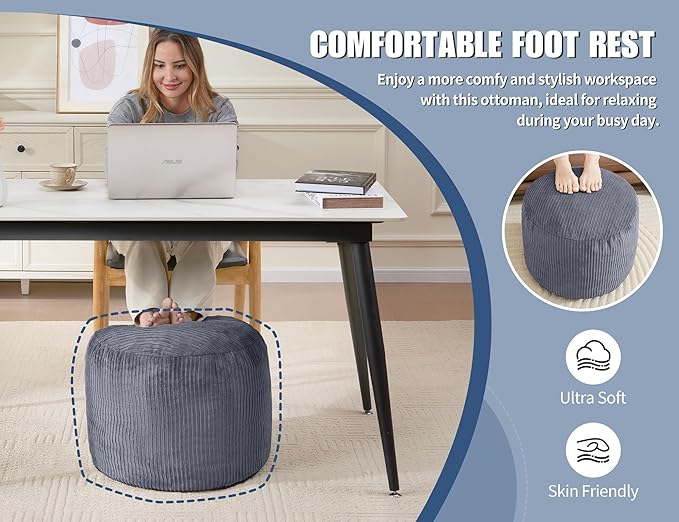 Round Stuffed Pouf Ottoman Chair with Foot Rest Navy Blue Poof Poofy Ottoman Stool Cover with Foam Chunk Filling 20x15 Poofs Ottomans Furniture