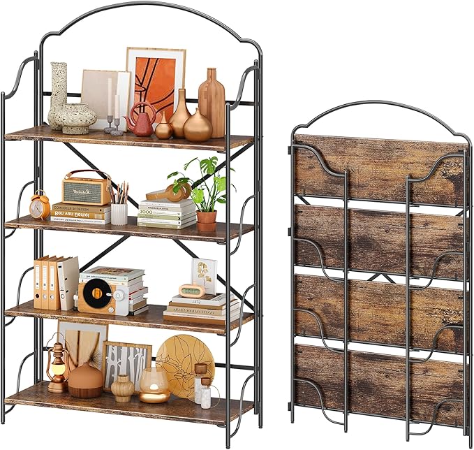 4NM No Assembly Extra Wide Folding Bookshelf for Living Room, 4 Tiers Collapsible Book Shelves Open Industrial Foldable Bookcase Storage Shelf for Home Office - Rustic Brown Black