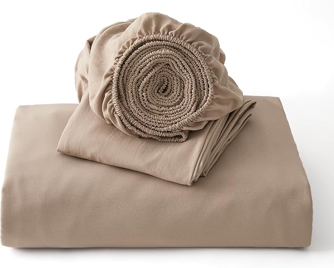 Bedsure Duvet Cover Queen Size with Fitted Sheet - 4 Pieces Prewashed Cotton-Like Polyester Extra Soft Bedding Set, Includes 1 Duvet Cover 90x90 Inches, 2 Pillow Shams, 1 Fitted Sheet, Deep Beige