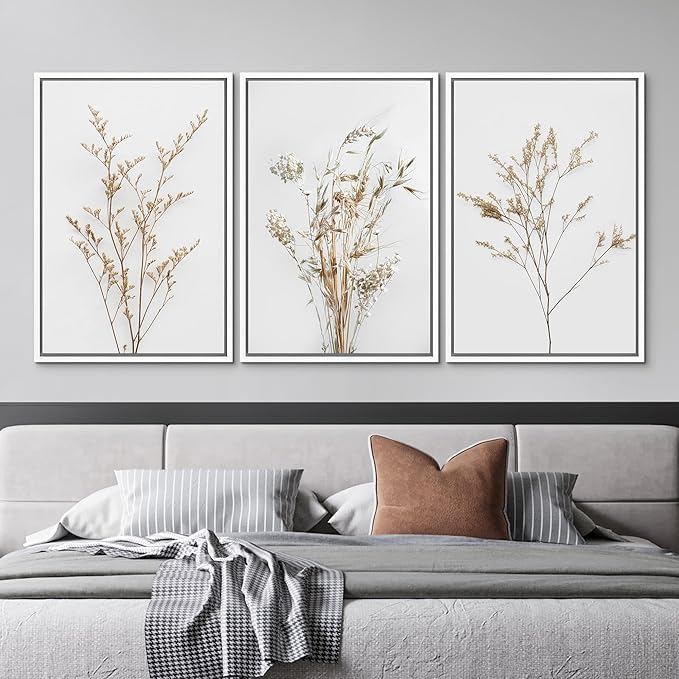 MUDECOR Framed Canvas Print Wall Art Wildflower Floral Botanical Prints Minimalist Wall Art Modern Farmhouse for Bedroom - 24"x36"x3 White