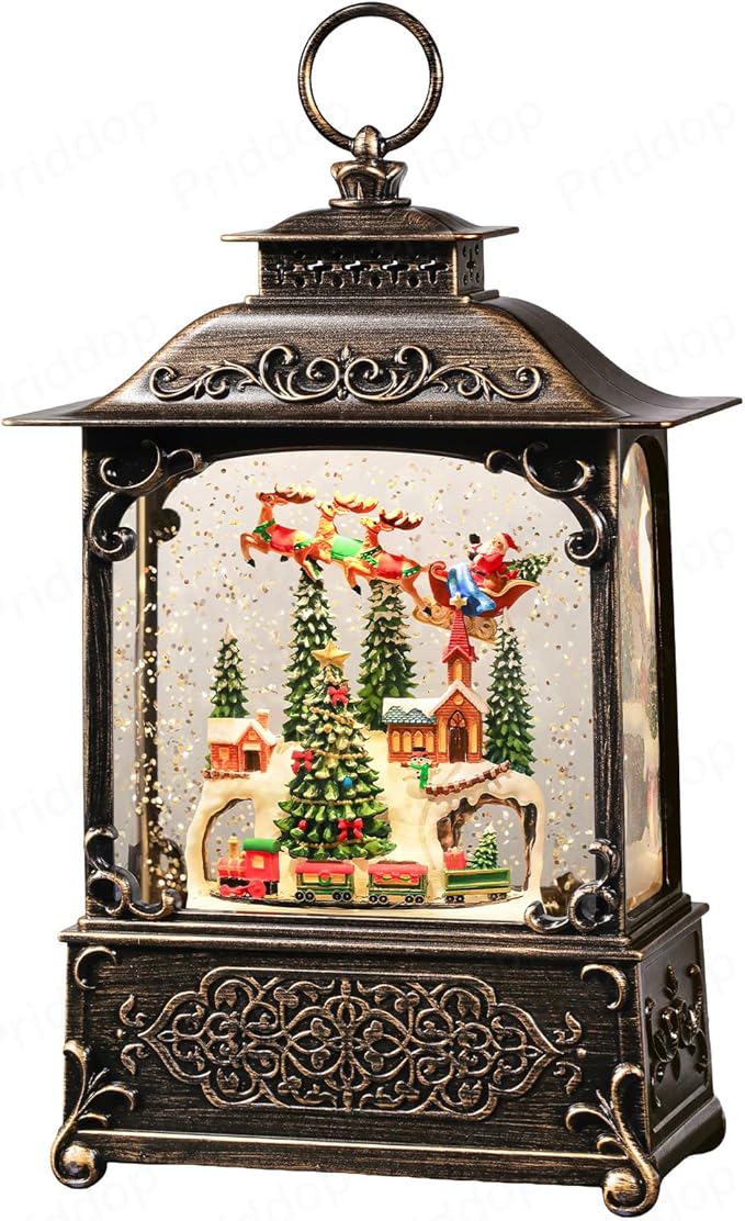 Village Snow Globe Christmas Decorations Indoor Santa Claus Reindeer Church Cabin Snow Village Scene Gifts Classic Relief Texture Musical Glitter Snowfall USB/Battery Timer Lantern 10.4 inch