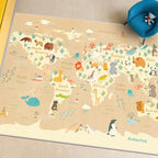 Washable Kids Playroom Rug with Animal – 5x8 Educational World Map Play Mat with Kids Room – Non-Slip, Stain Resistant, Soft & Safe for Baby, Nursery, Classroom or Bedroom - Beige