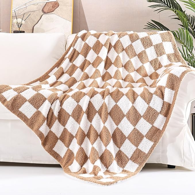 Panku Checkered Blanket, Ultra Soft Checkered Throw Blanket, Warm Fluffy Checkerboard Blanket for Couch and Sofa (50x60 Inches, Camel)