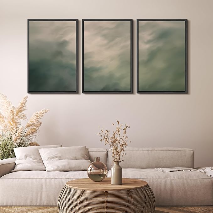 MUDECOR Framed Wall Art Print Set Soft Green Cloudscape Tranquil Abstract Nature Illustrations Modern Art Boho Decorative Colorful Chic for Living Room, Bedroom, Office - 16"x24"x3 Black