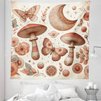 Ambesonne Mandala Tapestry Queen Size, Medieval Witchcore Art Mushroom Butterfly and Crescent with Leafy Details, Wall Hanging Bedspread Bed Cover Wall Decor, 88" X 88", Dark Salmon Eggshell