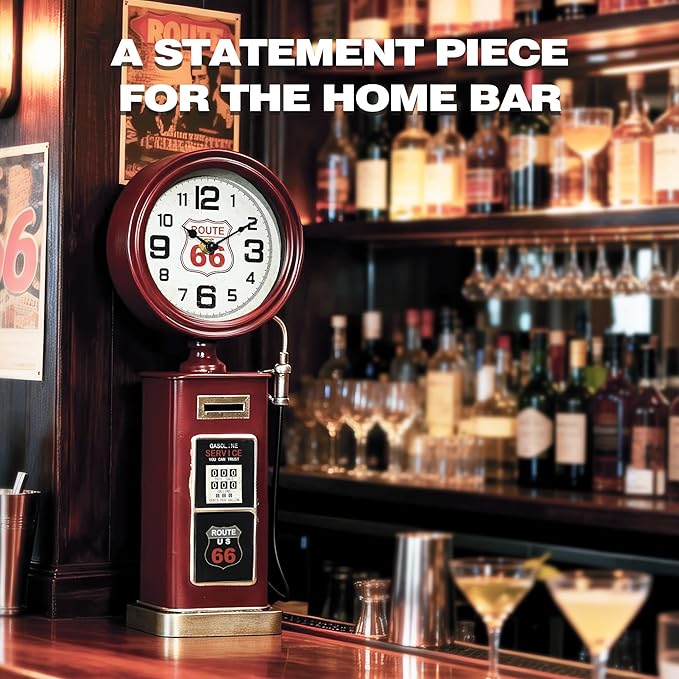 AYRELY® 16" Vintage Industrial Gas Pump Mantel Clock, Battery Operated Metal Clock Route 66 Decor,Retro Mechanical Decorative Clock Gifts for Home,Living Room,Fireplace, Man Cave Decor