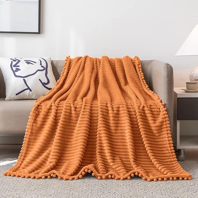 DISSA Fleece Blanket Twin Size – 60x80, Orange – Soft, Plush, Fluffy, Fuzzy, Warm, Cozy – Perfect Throw for Couch, Bed, Sofa - with Pompom Fringe - Flannel Blanket Throw Blanket