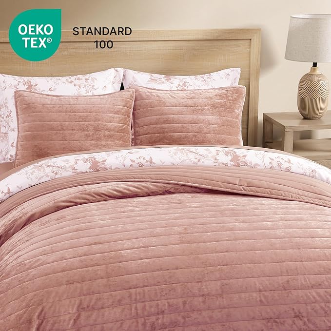 WRENSONGE Velvet Queen Quilt Set-3 Pieces Clay Pink Luxurious Velvet Striped Channel Comforter with 2 Shams, Soft Bedspread Coverlet Quilted Bedding Set for All Season