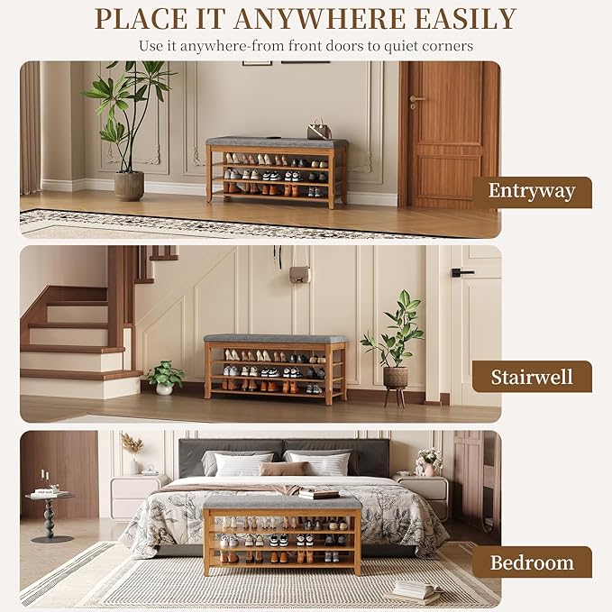 Solid Wood Shoe Bench with Storage, Flip-Top Soft-Close Lid, Adjustable Shelves, Cushioned Entryway Shoe Rack Organizer, 23.6"