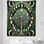 Ambesonne Green Tapestry Twin Size, Moon Phases Around a Tree of Life Enhance Night Boho Astrology Design Print, Wall Hanging Bedspread Bed Cover Wall Decor, 68" X 88", Black Ecru and Blue