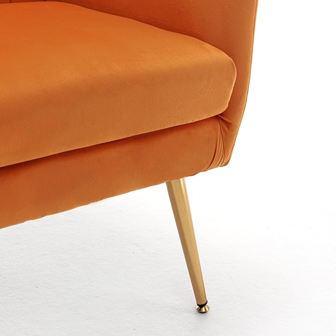Modern Chic Mid-Century Velvet Accent Armchair for Living Room, Bedroom, or Home Office, Button-Tufted Wingback Design with Gold Flared Legs, Orange