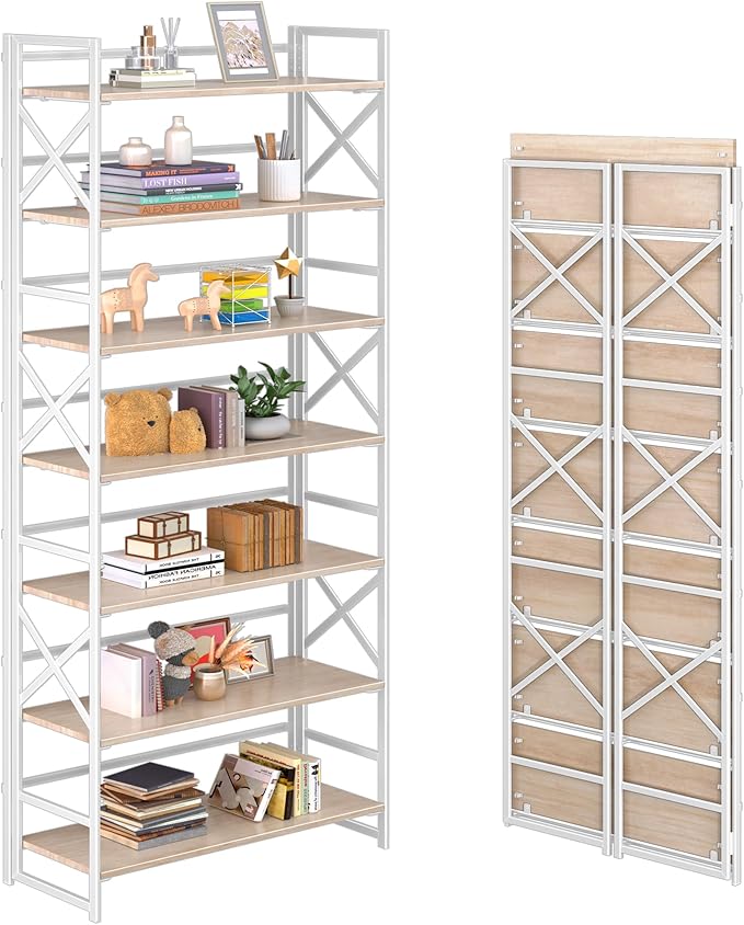 4NM 7 Tiers No Assembly Book Shelves, 72.4" H Folding Bookshelf Bookcase Open Industrial Foldable Shelves for Bedroom, Living Room, Home Office - Natural White