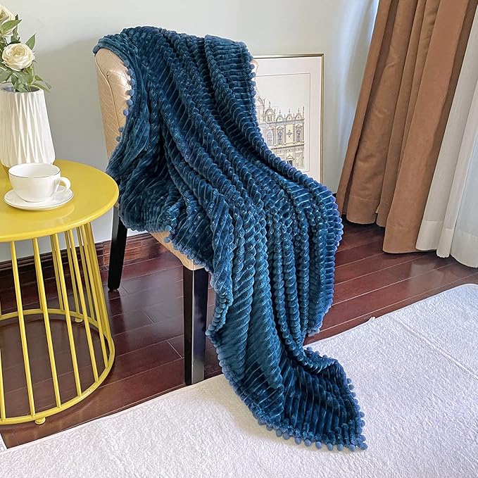 DISSA Fleece Blanket Queen Size – 90x90, Blue - Soft, Plush, Fluffy, Fuzzy, Warm, Cozy – Perfect Throw for Couch, Bed, Sofa - with Pompom Fringe - Flannel Blanket