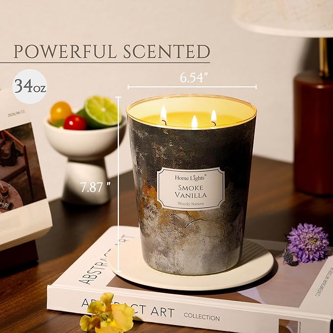 HomeLights Scented Candles | Large Jar 34 Oz Natural Soy Candle | 130 hrs Long-Lasting with 3 Wicks | Industrial Chic Home Decor | Gifts for Mom & Women, Smoke Vanilla