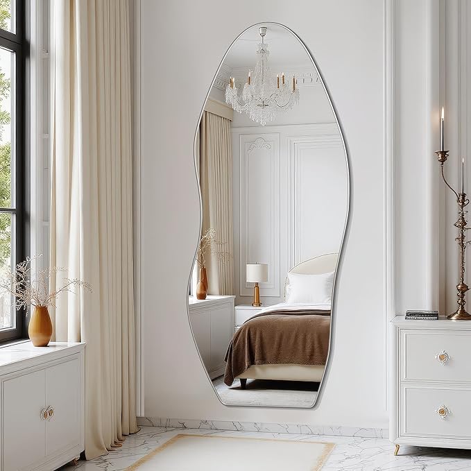 Antok Full Length Mirror, 68"x26" Floor Mirror with Stand, Standing Hanging Leaning Irregular Mirrors for Bedroom Living Room Entryway, Wavy Shaped, Silvery
