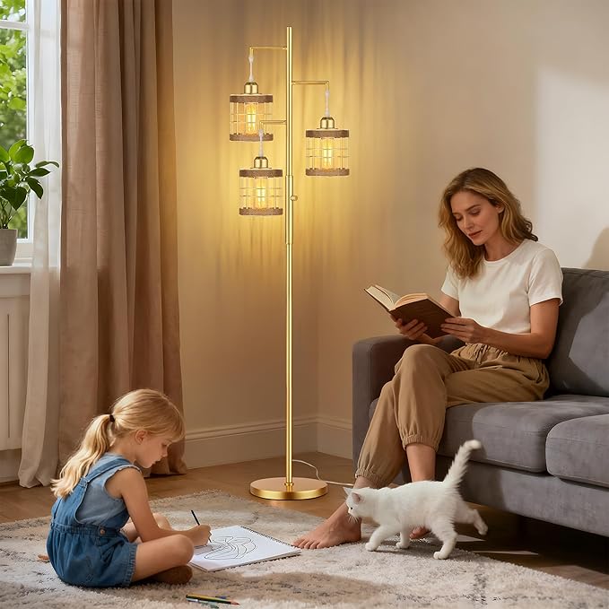 QiMH Industrial Floor Lamps for Living Room, Tree Standing Lamp with Stepless Dimmable, 68" Tall Lamps for Bedroom Study, 3 LED Bulbs Included, Gold