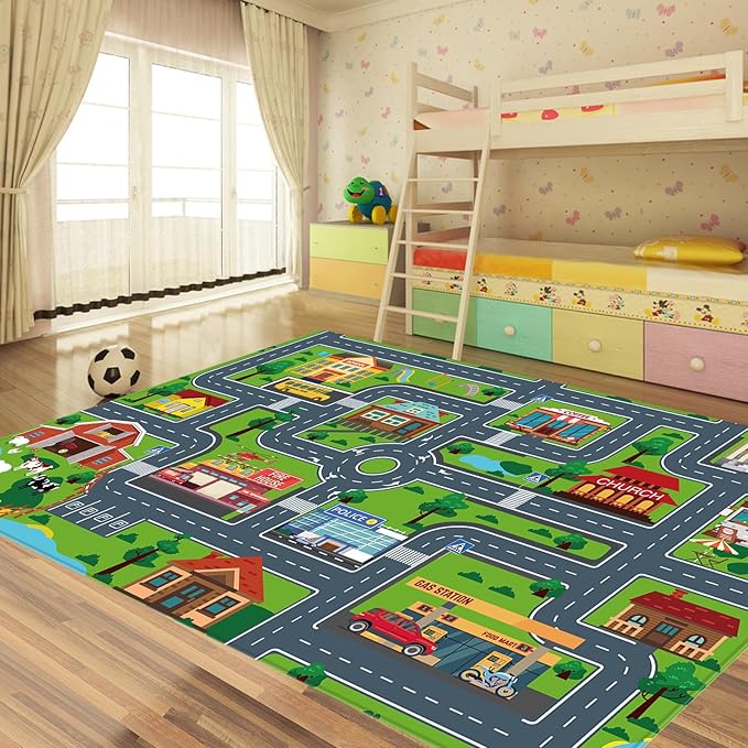 Kids Car Playmat, Kids Rug for Playroom Car Mat Town City Road Traffic Rugs, Play Mat for Floor, Extra Large Boys Kid Car Track Play Rug (Style Four, 110.2 X 78.7 INCH)