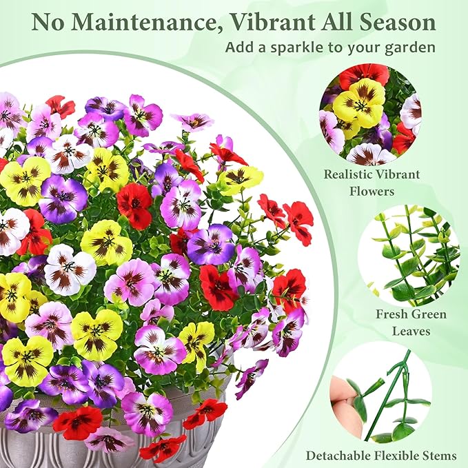 MARTINE MALL 18 Bundles Artificial Flowers for Outdoors, Fake Outdoor Flowers, Fake Pansy Faux Plants Outdoor UV Resistant Silk Pansy Flowers for Planters Indoor Porch Decor (Mix Colors)