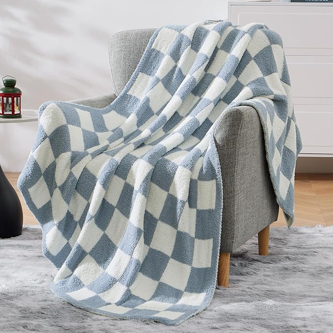WRENSONGE Checkered Throw Blanket, Grey Blue Soft Cozy Fluffy Warm Hand Made Throw Blankets for Couch, Sofa, Chair, Bed, Camping, Picnic, Travel Lightweight Bed Blanket - 60"*80"
