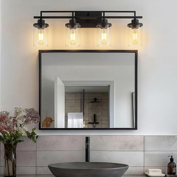 Emliviar 4 Light Vanity Lights Over Mirror with Clear Glass, 29.3" Matte Black Bathroom Vanity Lighting for Living Room, YCE238B-4W BK
