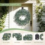 Solar Spring Wreath for Front Door 18in 30LED Pre-lit Spring Summer Greenery Wreaths Artificial Green Eucalyptus Leaf Wreath Home Decor Boxwood for Farmhouse Outside Fall All Seasons