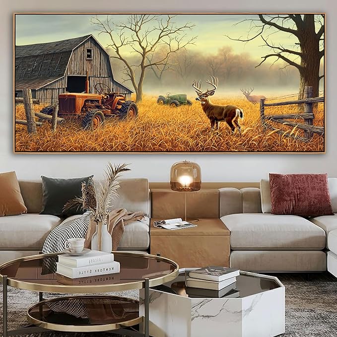 XLSJERST Deer Wall Art for Living Room Canvas Prints Decor Country Tractor Rustic Wildlife Cabin Hunting Picture Glass Surface Artwork for Bedroom Home Office 86x39 Inches