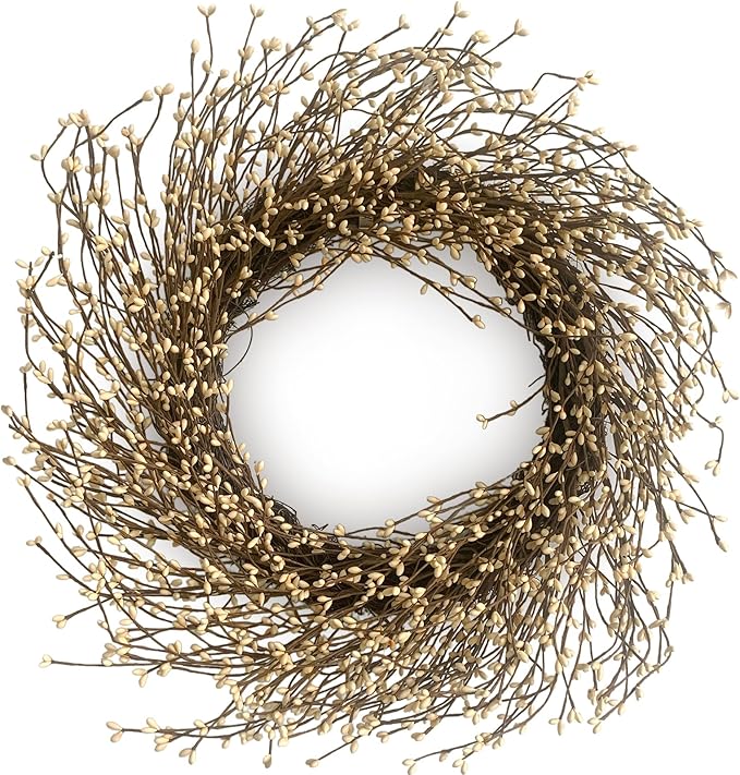 Artificial Twig Fall Front Door Wreath 24 Inch Autumn Cream Berry Wreath with Eucalyptus Leaves and Grapevine for Farmhouse Window Christmas Hanging Home Decor