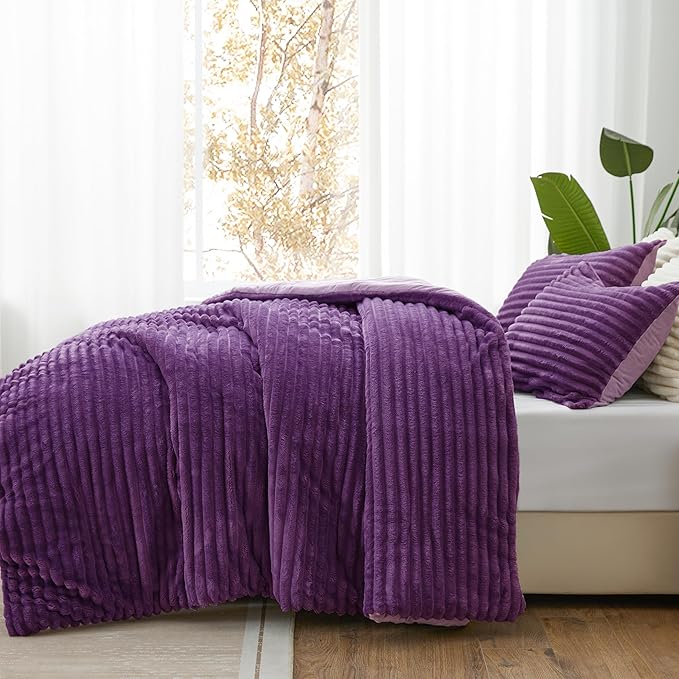 BEDELITE Fleece Full Comforter Set -Super Soft & Warm Fluffy Purple Bedding, Luxury Fuzzy Heavy Bed Set for Winter with 2 Pillow Cases