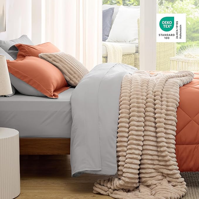 Bedsure Twin Comforter Set - 5 Pieces Reversible Burnt Orange Bedding, Twin Size Bed Set for All Seasons, Bed in a Bag with Down Alternative Comforter, Sheets, Pillowcase & Sham