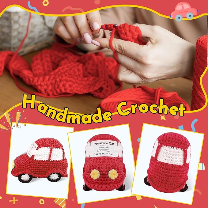 Positive Funny Crochet Car, Emotional Support Mini Handmade Crochet Gift, Inspirational Birthday Gifts for Men Women Friends Boyfriend Dad Coworker, Red