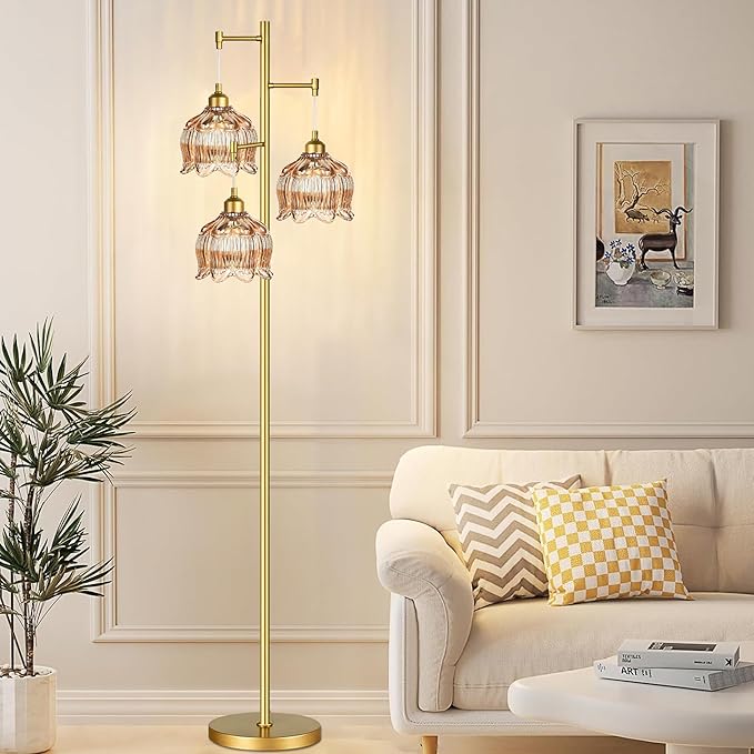 Gold Floor Lamp for Living Room Bedroom,Modern Floor Lamps with Unique Glass Shades,68IN Mid Century Tall Standing Lamp,Vintage Tree Floor Lamp for Corner Office Reading,3 Light Bulb Included
