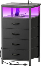 Huuger Night Stand with Charger Station and LED Lights, 4 Drawer Nightstand, Bed Side Table with Open Shelf, End Table, Fabric Dresser for Bedroom, Grey
