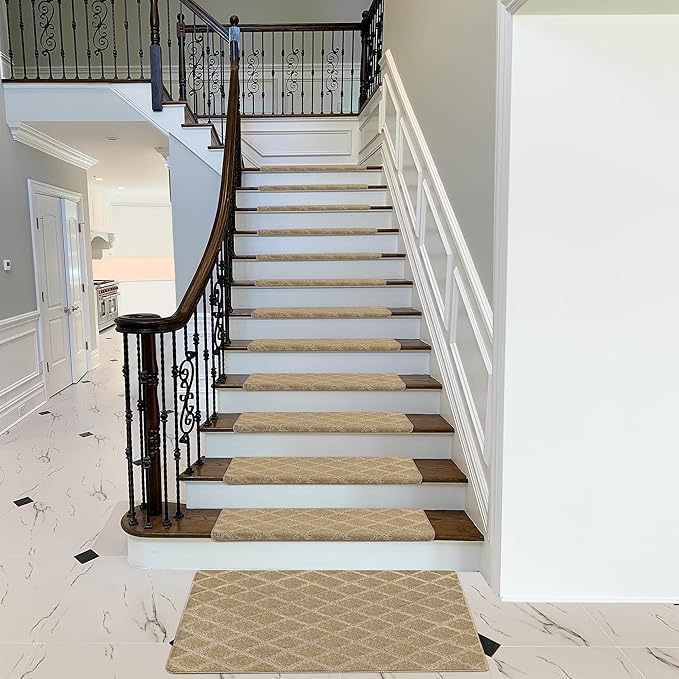 PURE ERA Bullnose Carpet Stair Treads Set Tape Free Non-Slip Indoor Stair Protectors Pet Friendly Rugs 9.5" x 30"(2 Pieces,Khaki Diamond Trellis)