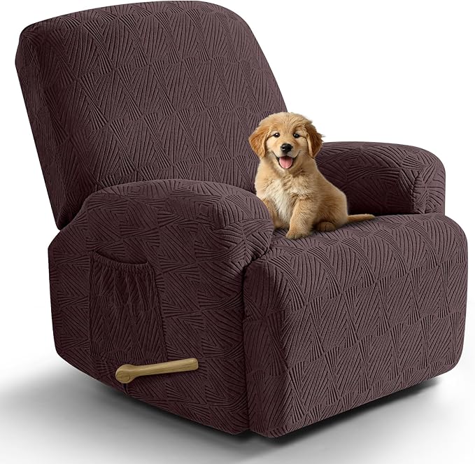 VANSOFY Oversized Recliner Chair Covers, 4-Pieces Stretch Recliner Cover Jacquard Soft Reclining Chair Slipcover Furniture Protector with Elastic Bottom for Lazy Boy Recliner(Dark Coffee)