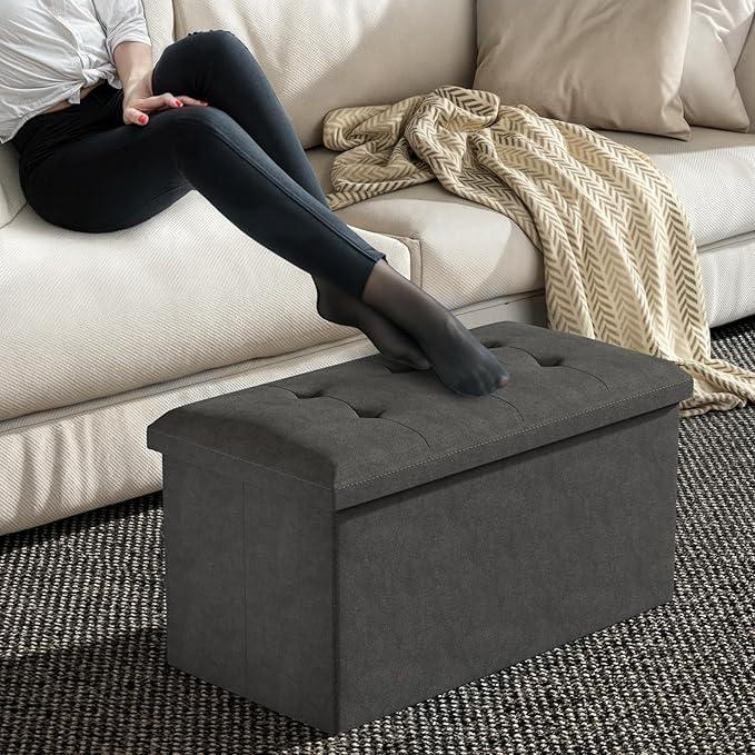 MoNiBloom 30 Inches Storage Ottoman Bench, Rectangle End of Bed Bench, Storage Padded Seat, Linen Fabric Ottoman Footrest for Living Room, Bedroom, Entryway, Dark Gray
