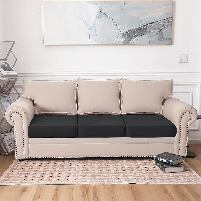 Waterproof Couch Cushion Covers 3 Seater Covers, Stretch Individual Sofa Seat Covers, Reversible Couch Furniture Protector for Pets(3-Piece Sofa Cushion Cover, Black)