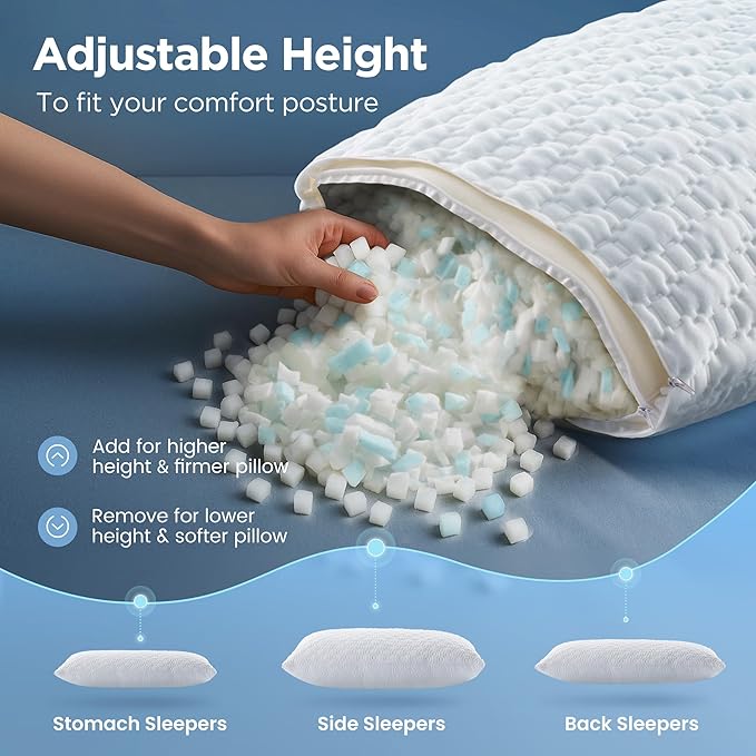 Sophia & William Cooling Bed Pillow for Sleeping (Standard Size) Adjustable Shredded Memory Foam Pillow for Side, Back and Stomach Sleepers