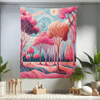 Ambesonne Trees Tapestry Twin Size, Surreal Post-Impressionism Themed Woodland of Dreamy Sky and Tree Pattern, Wall Hanging Bedspread Bed Cover Wall Decor, 68" X 88", Pink Coral Blue Grey