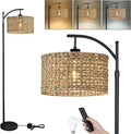 Arc Floor Lamp for Living Room with Remote Control,Farmhouse Boho Floor Lamps with 3 Color Temperature,Rustic Standing Lamp with Rattan Wicker Shades,Adjustable Tall Lamp for Bedroom,Office,Reading