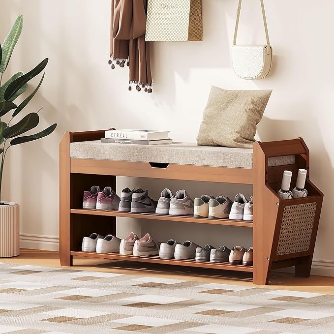 31.5" Bamboo Shoe Rack Bench with Storage, 3-Tier Entryway Bench with Thick Cushion, Flip-Top & Side Baskets, Holds Up to 550 LBS for Hallway, Living Room, Bedroom