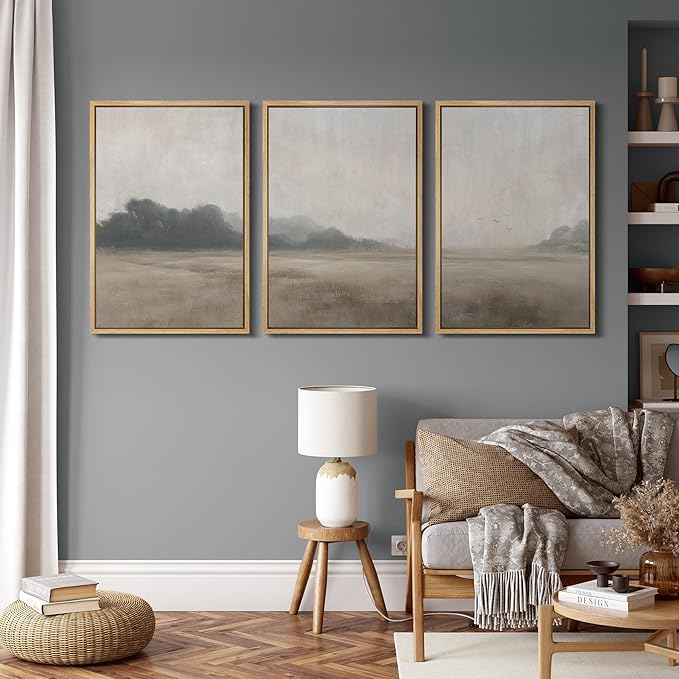 MUDECOR Framed Wall Art Print Set Serene MeadowTranquil Landscape with Foggy Fields and Distant Trees Illustrations Realism Decorative for Living Room, Bedroom, Office - 16"x24"x3 Natural